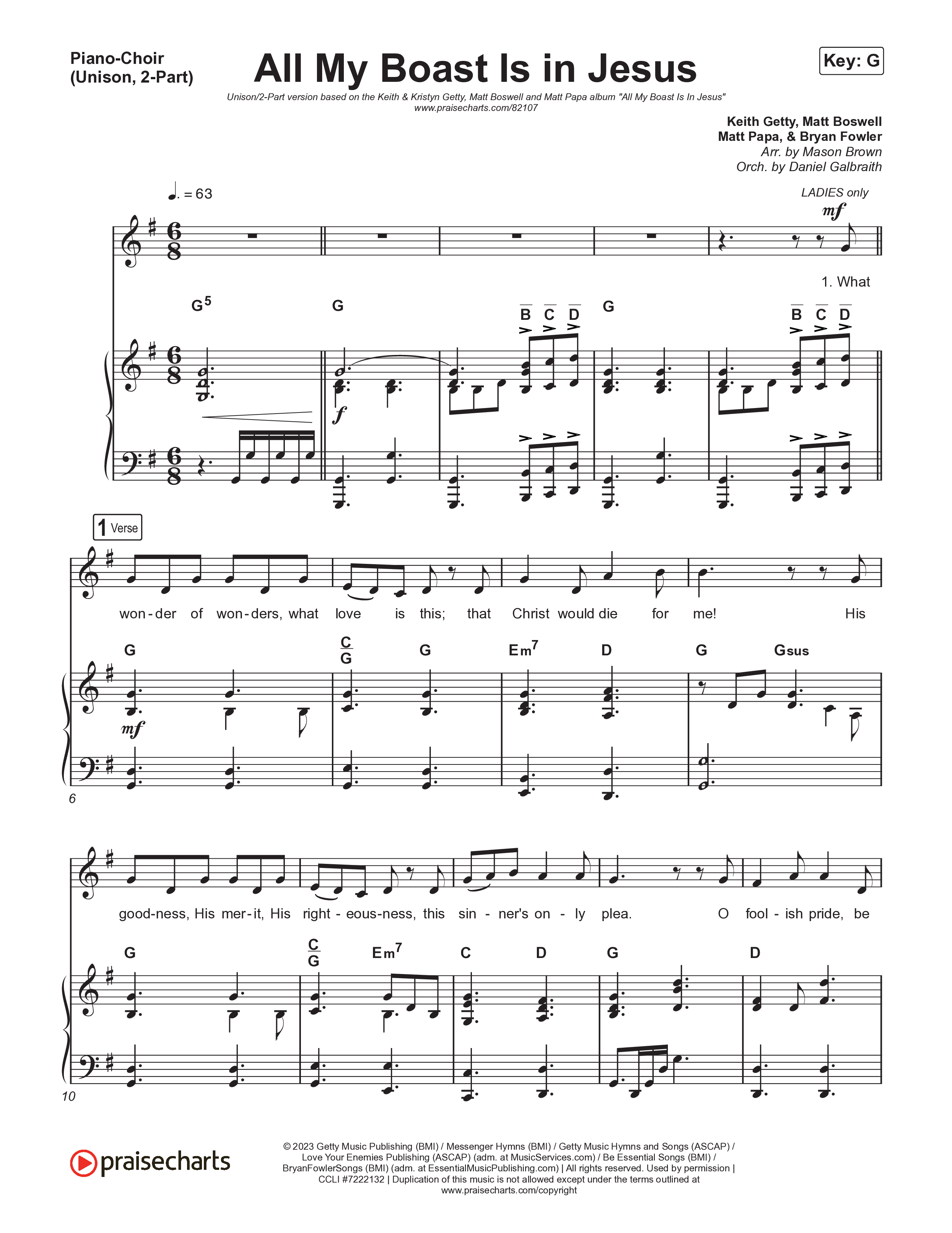All My Boast Is In Jesus (Unison/2-Part) Piano/Choir  (Uni/2-Part) (Matt Papa / Matt Boswell / Arr. Mason Brown / Keith & Kristyn Getty)