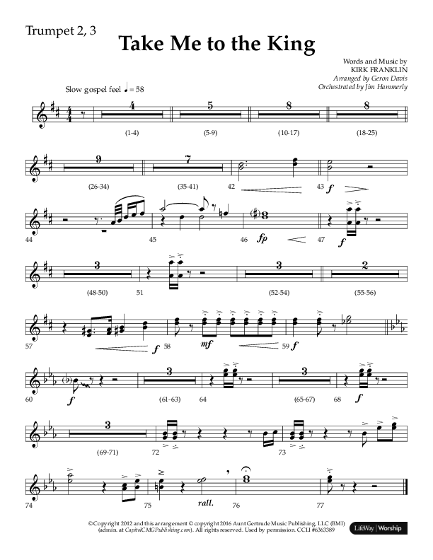 Take Me To The King (Choral Anthem SATB) Trumpet 2/3 (Lifeway Choral / Arr. Geron Davis / Orch. Jim Hammerly)