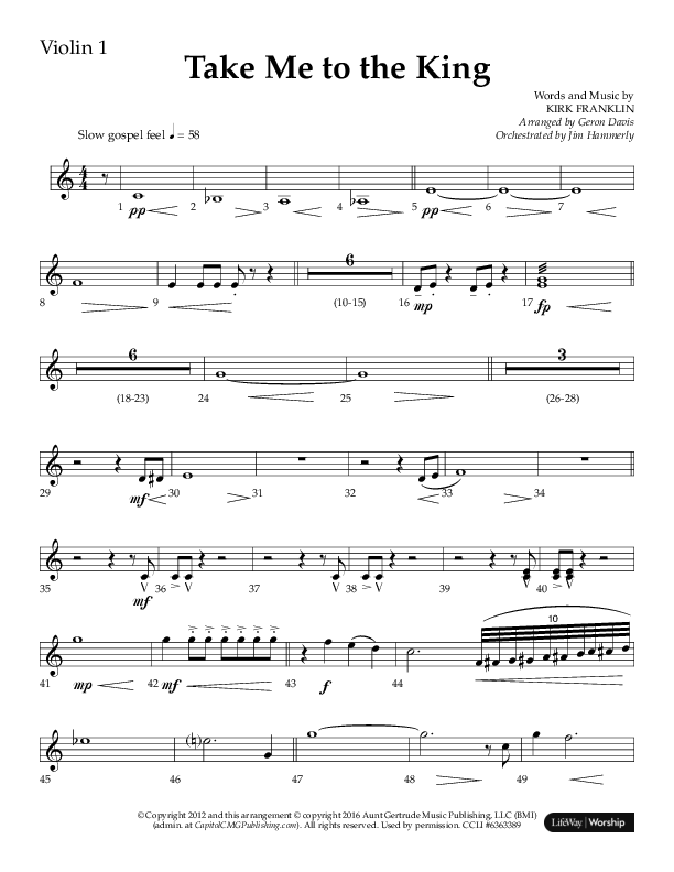 Take Me To The King (Choral Anthem SATB) Violin 1 (Lifeway Choral / Arr. Geron Davis / Orch. Jim Hammerly)