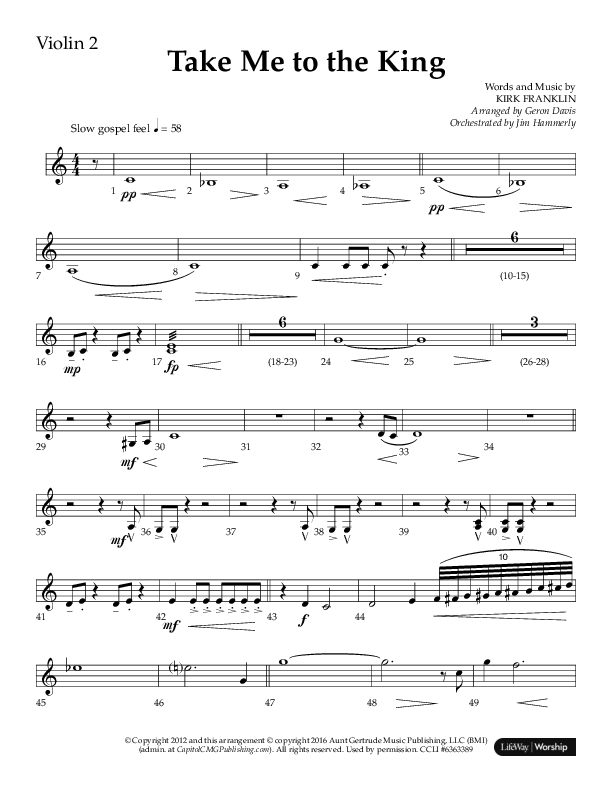 Take Me To The King (Choral Anthem SATB) Violin 2 (Lifeway Choral / Arr. Geron Davis / Orch. Jim Hammerly)
