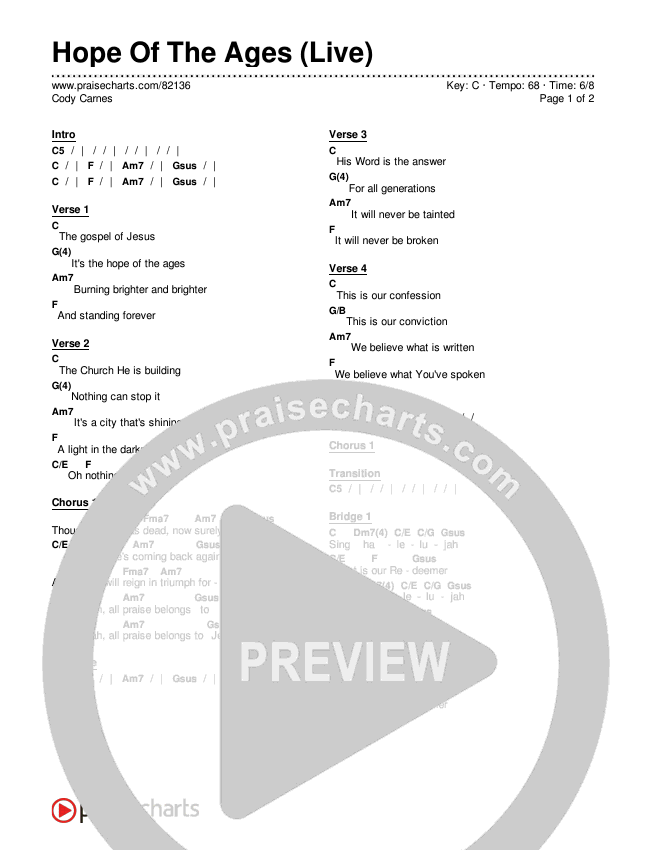 Hope Of The Ages (Live) Chords & Lyrics (Cody Carnes)