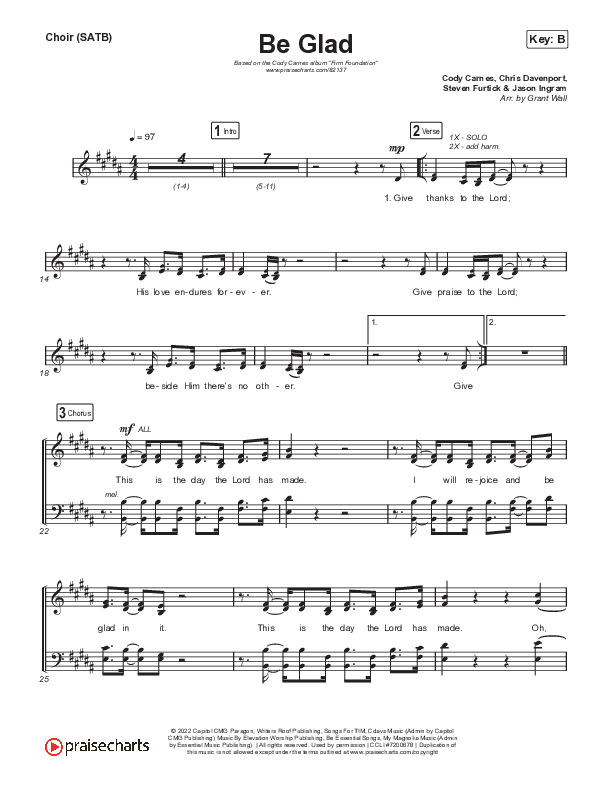 Be Glad (Live) Choir Sheet (SATB) (Cody Carnes)