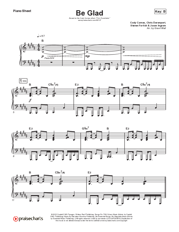 Be Glad (Live) Piano Sheet (Cody Carnes)