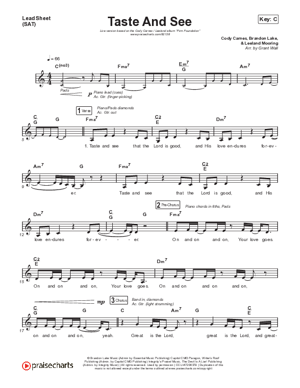 Taste And See (Live) Lead Sheet (SAT) (Cody Carnes / Leeland)