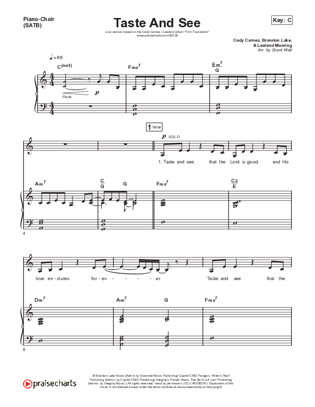 Taste And See (Live) Piano/Vocal Pack (Cody Carnes / Leeland)