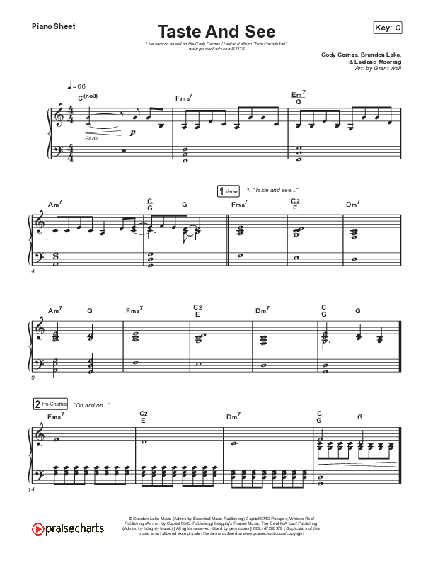 Taste And See (Live) Piano Sheet (Cody Carnes / Leeland)