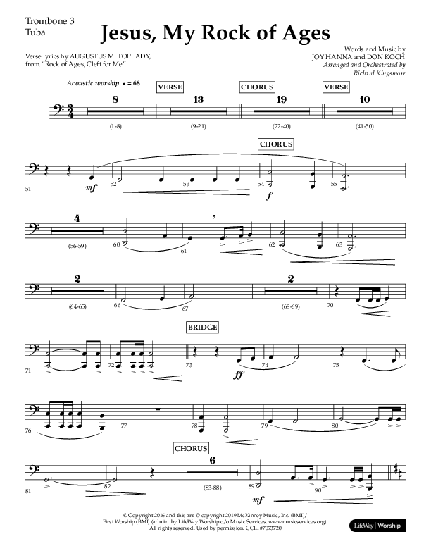 Jesus My Rock Of Ages (Choral Anthem SATB) Trombone 3/Tuba (Lifeway Choral / Arr. Richard Kingsmore)