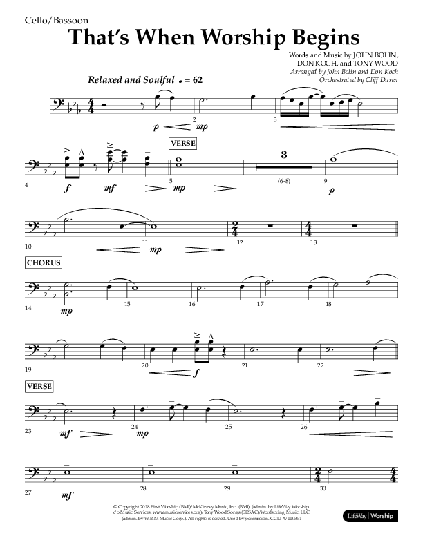 That's When Worship Begins (Choral Anthem SATB) Cello (Lifeway Choral / Arr. John Bolin / Arr. Don Koch / Orch. Cliff Duren)