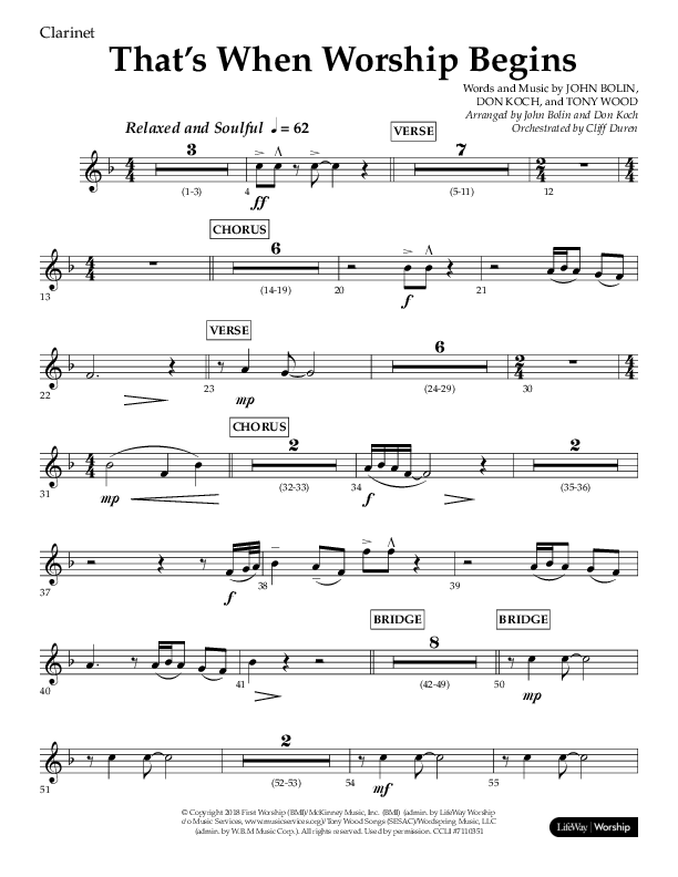 That's When Worship Begins (Choral Anthem SATB) Clarinet (Lifeway Choral / Arr. John Bolin / Arr. Don Koch / Orch. Cliff Duren)