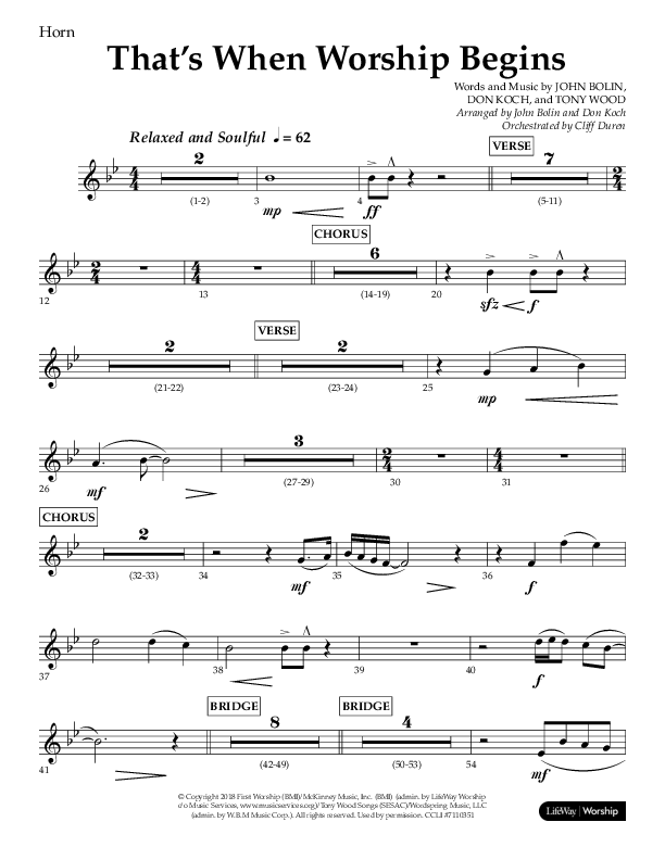 That's When Worship Begins (Choral Anthem SATB) French Horn (Lifeway Choral / Arr. John Bolin / Arr. Don Koch / Orch. Cliff Duren)