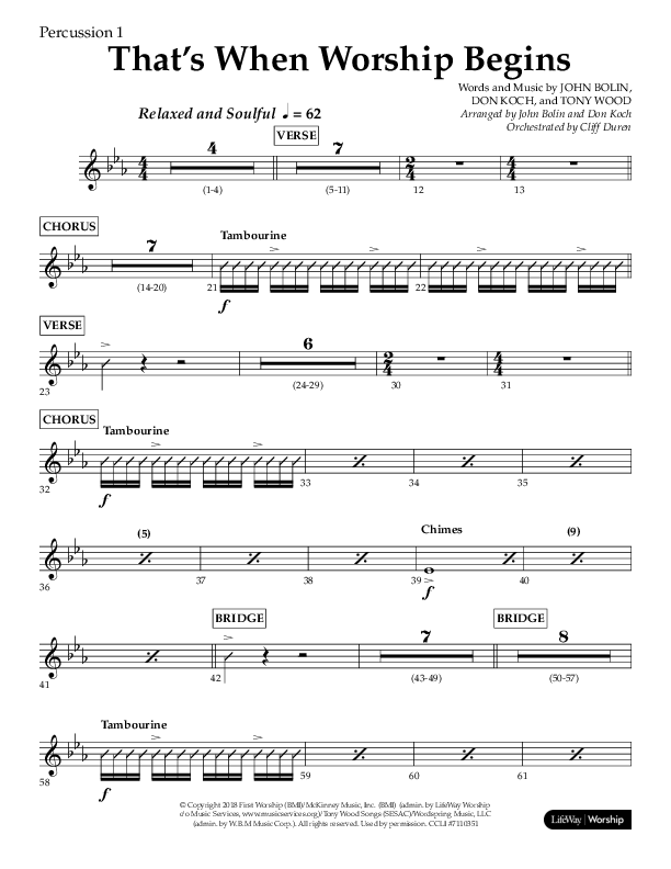 That's When Worship Begins (Choral Anthem SATB) Percussion 1/2 (Lifeway Choral / Arr. John Bolin / Arr. Don Koch / Orch. Cliff Duren)