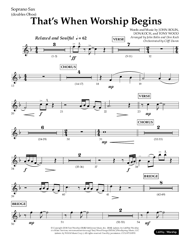That's When Worship Begins (Choral Anthem SATB) Soprano Sax (Lifeway Choral / Arr. John Bolin / Arr. Don Koch / Orch. Cliff Duren)