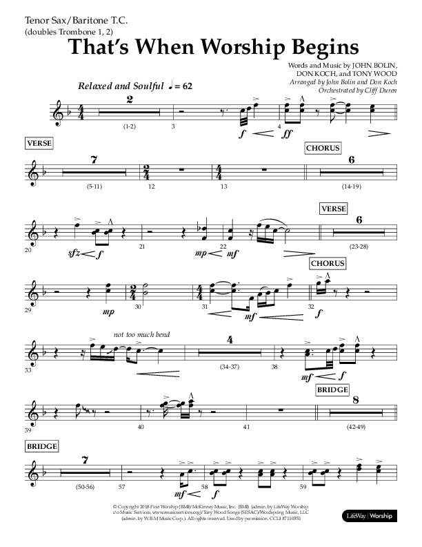 That's When Worship Begins (Choral Anthem SATB) Tenor Sax/Baritone T.C. (Lifeway Choral / Arr. John Bolin / Arr. Don Koch / Orch. Cliff Duren)