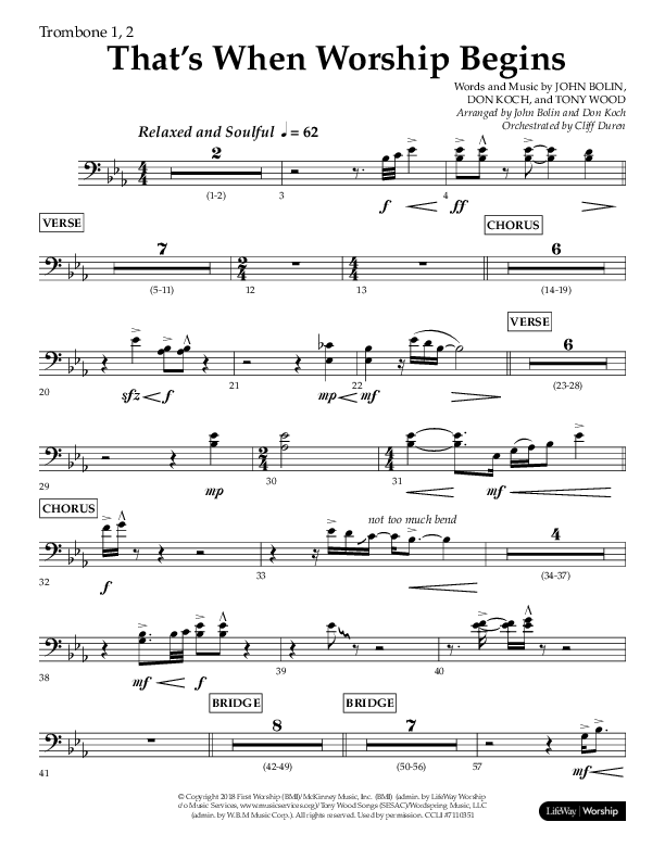 That's When Worship Begins (Choral Anthem SATB) Trombone 1/2 (Lifeway Choral / Arr. John Bolin / Arr. Don Koch / Orch. Cliff Duren)