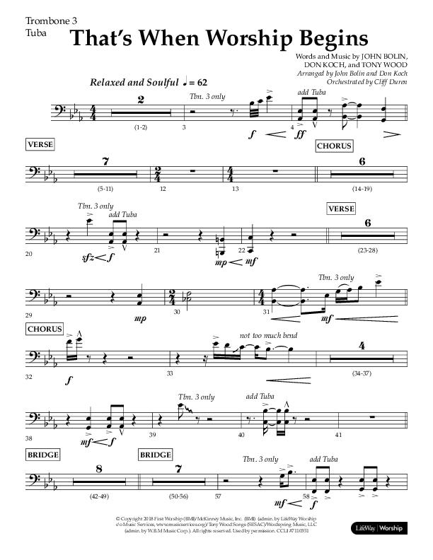 That's When Worship Begins (Choral Anthem SATB) Trombone 3/Tuba (Lifeway Choral / Arr. John Bolin / Arr. Don Koch / Orch. Cliff Duren)