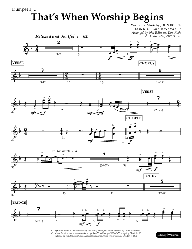 That's When Worship Begins (Choral Anthem SATB) Trumpet 1,2 (Lifeway Choral / Arr. John Bolin / Arr. Don Koch / Orch. Cliff Duren)