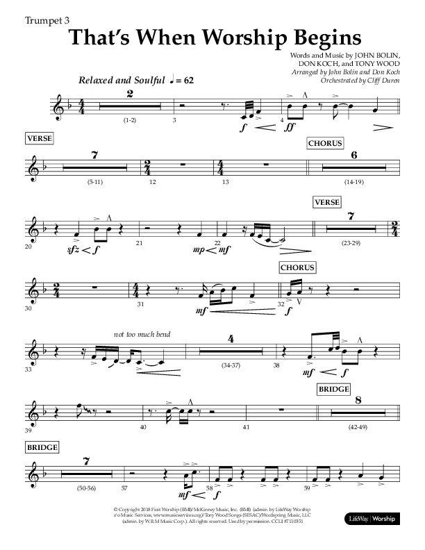 That's When Worship Begins (Choral Anthem SATB) Trumpet 3 (Lifeway Choral / Arr. John Bolin / Arr. Don Koch / Orch. Cliff Duren)