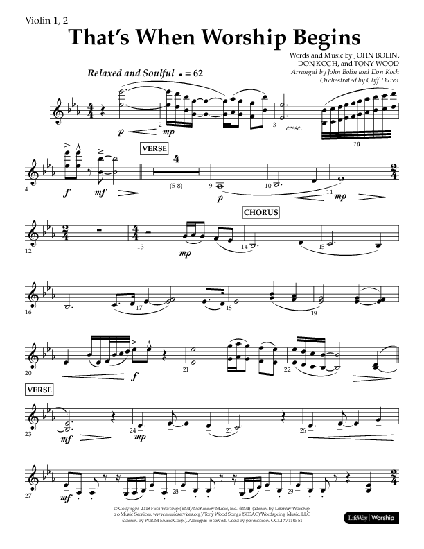 That's When Worship Begins (Choral Anthem SATB) Violin 1/2 (Lifeway Choral / Arr. John Bolin / Arr. Don Koch / Orch. Cliff Duren)