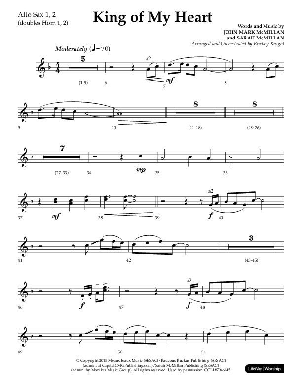 King Of My Heart (Choral Anthem SATB) Alto Sax 1/2 (Lifeway Choral / Arr. Bradley Knight)