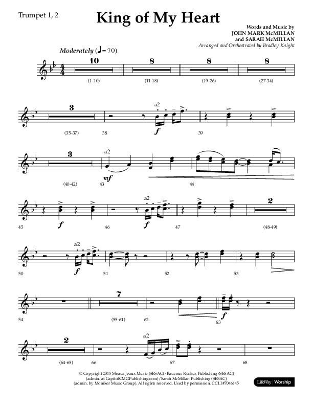 King Of My Heart (Choral Anthem SATB) Trumpet 1,2 (Lifeway Choral / Arr. Bradley Knight)