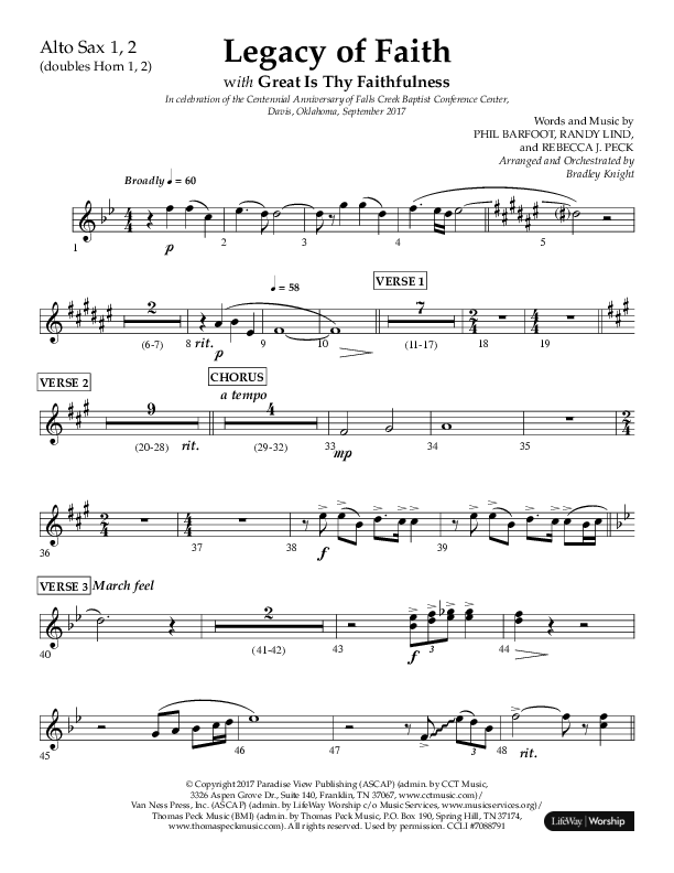 Legacy Of Faith (Choral Anthem SATB) Alto Sax 1/2 (Lifeway Choral / Arr. Bradley Knight)