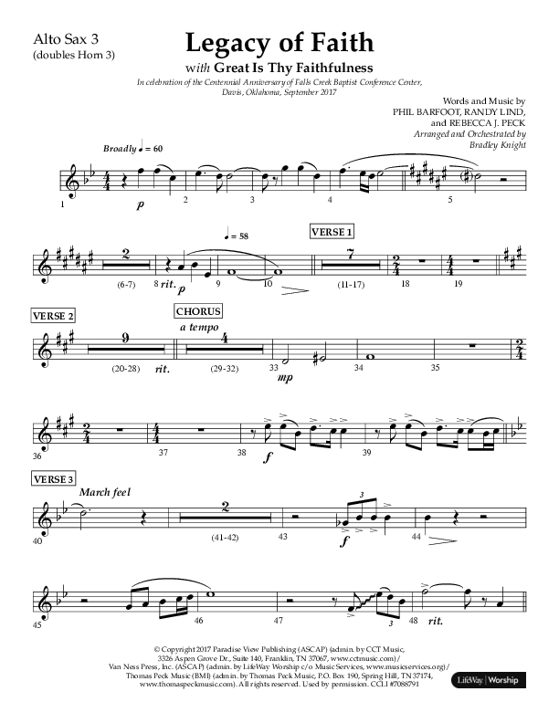 Legacy Of Faith (Choral Anthem SATB) Alto Sax (Lifeway Choral / Arr. Bradley Knight)