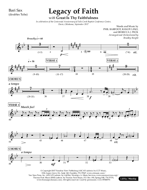 Legacy Of Faith (Choral Anthem SATB) Bari Sax (Lifeway Choral / Arr. Bradley Knight)