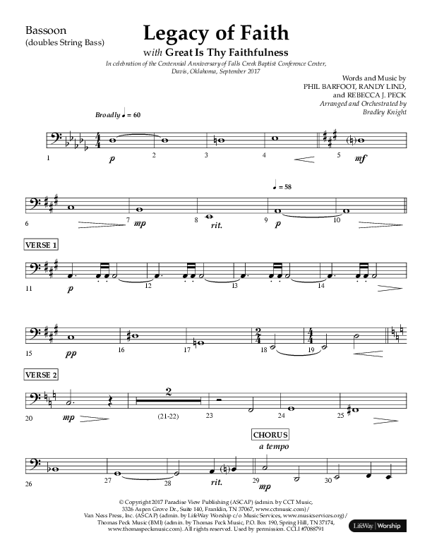 Legacy Of Faith (Choral Anthem SATB) Bassoon (Lifeway Choral / Arr. Bradley Knight)