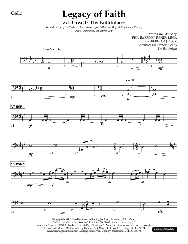 Legacy Of Faith (Choral Anthem SATB) Cello (Lifeway Choral / Arr. Bradley Knight)
