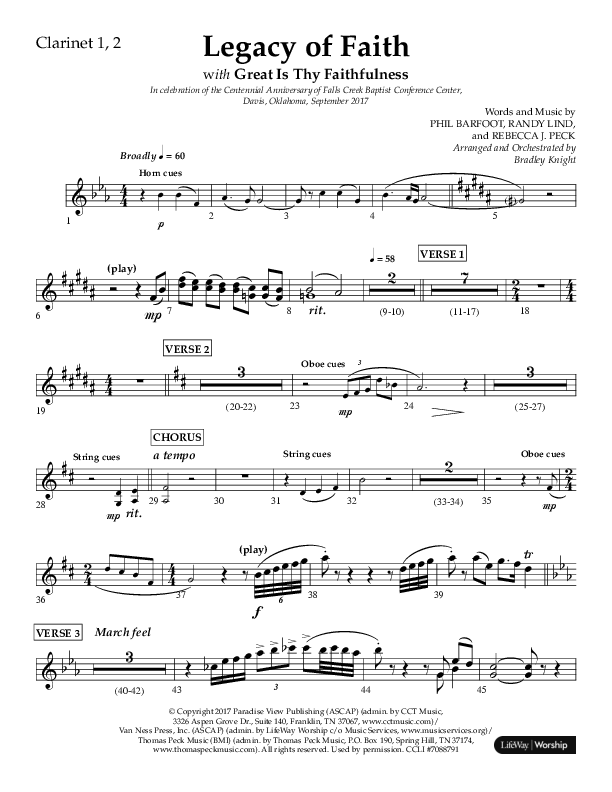 Legacy Of Faith (Choral Anthem SATB) Clarinet 1/2 (Lifeway Choral / Arr. Bradley Knight)