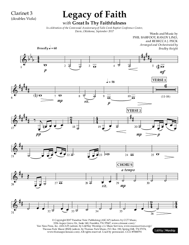 Legacy Of Faith (Choral Anthem SATB) Clarinet 3 (Lifeway Choral / Arr. Bradley Knight)
