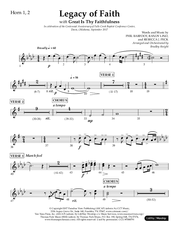 Legacy Of Faith (Choral Anthem SATB) French Horn 1/2 (Lifeway Choral / Arr. Bradley Knight)
