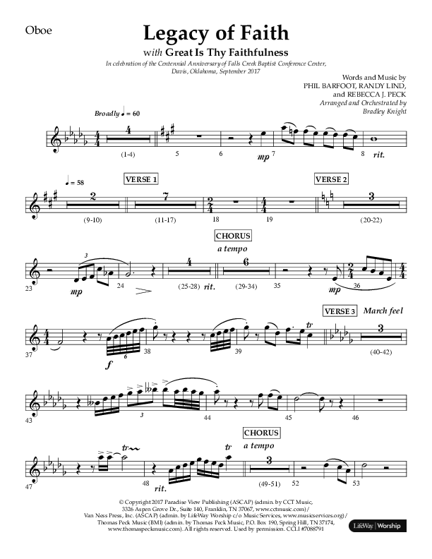 Legacy Of Faith (Choral Anthem SATB) Oboe (Lifeway Choral / Arr. Bradley Knight)