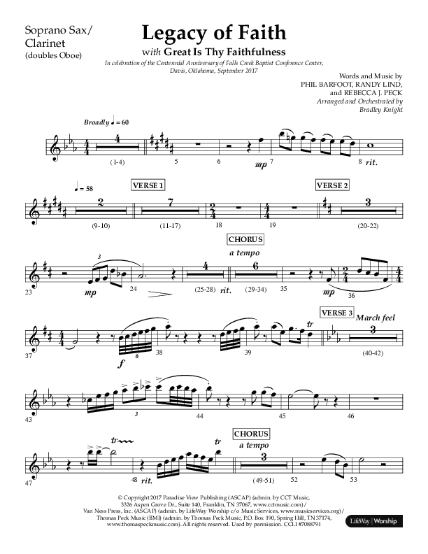 Legacy Of Faith (Choral Anthem SATB) Soprano Sax (Lifeway Choral / Arr. Bradley Knight)
