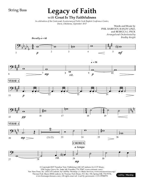 Legacy Of Faith (Choral Anthem SATB) String Bass (Lifeway Choral / Arr. Bradley Knight)