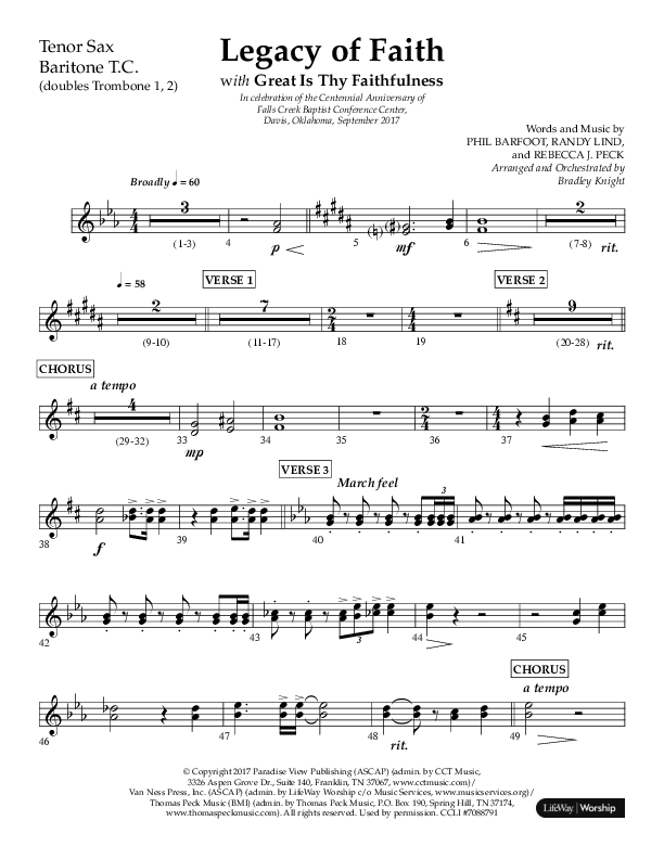 Legacy Of Faith (Choral Anthem SATB) Tenor Sax/Baritone T.C. (Lifeway Choral / Arr. Bradley Knight)