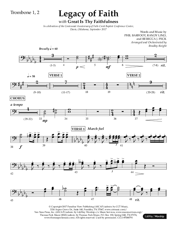 Legacy Of Faith (Choral Anthem SATB) Trombone 1/2 (Lifeway Choral / Arr. Bradley Knight)