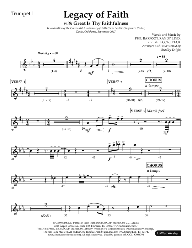 Legacy Of Faith (Choral Anthem SATB) Trumpet 1 (Lifeway Choral / Arr. Bradley Knight)