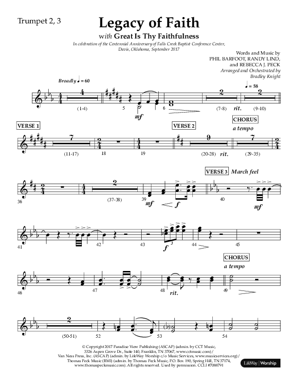 Legacy Of Faith (Choral Anthem SATB) Trumpet 2/3 (Lifeway Choral / Arr. Bradley Knight)