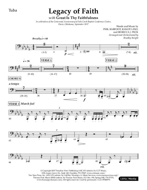 Legacy Of Faith (Choral Anthem SATB) Tuba (Lifeway Choral / Arr. Bradley Knight)