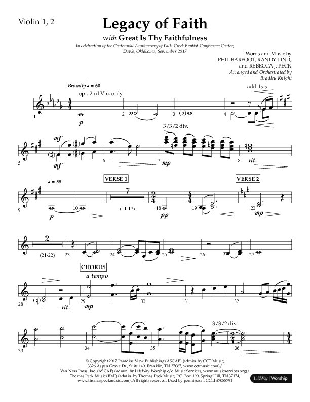 Legacy Of Faith (Choral Anthem SATB) Violin 1/2 (Lifeway Choral / Arr. Bradley Knight)