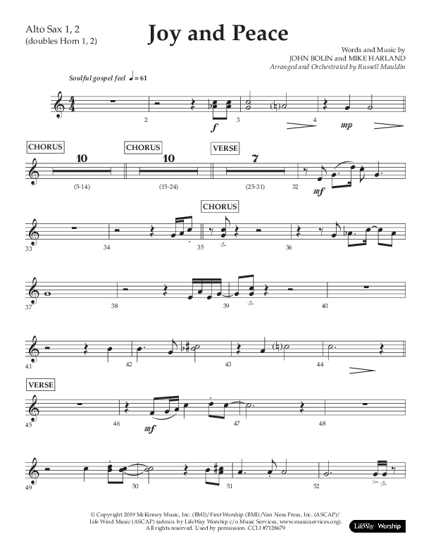 Joy And Peace (Choral Anthem SATB) Alto Sax 1/2 (Lifeway Choral / Arr. Russell Mauldin)