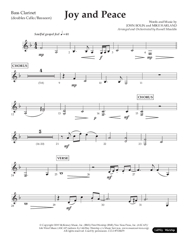 Joy And Peace (Choral Anthem SATB) Bass Clarinet (Lifeway Choral / Arr. Russell Mauldin)