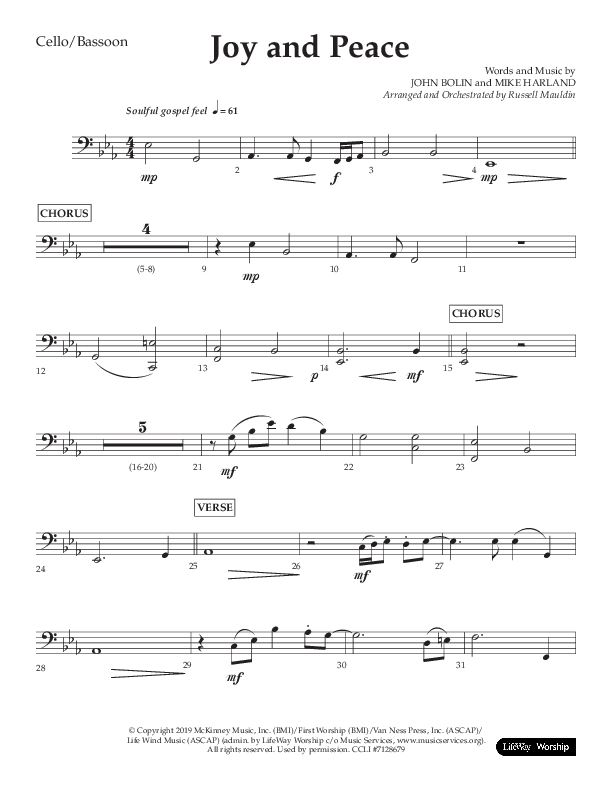 Joy And Peace (Choral Anthem SATB) Cello (Lifeway Choral / Arr. Russell Mauldin)