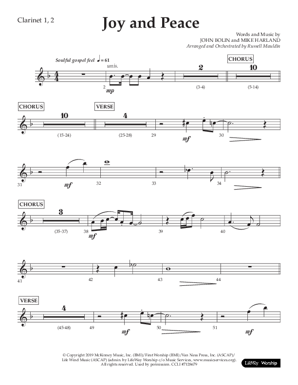 Joy And Peace (Choral Anthem SATB) Clarinet 1/2 (Lifeway Choral / Arr. Russell Mauldin)