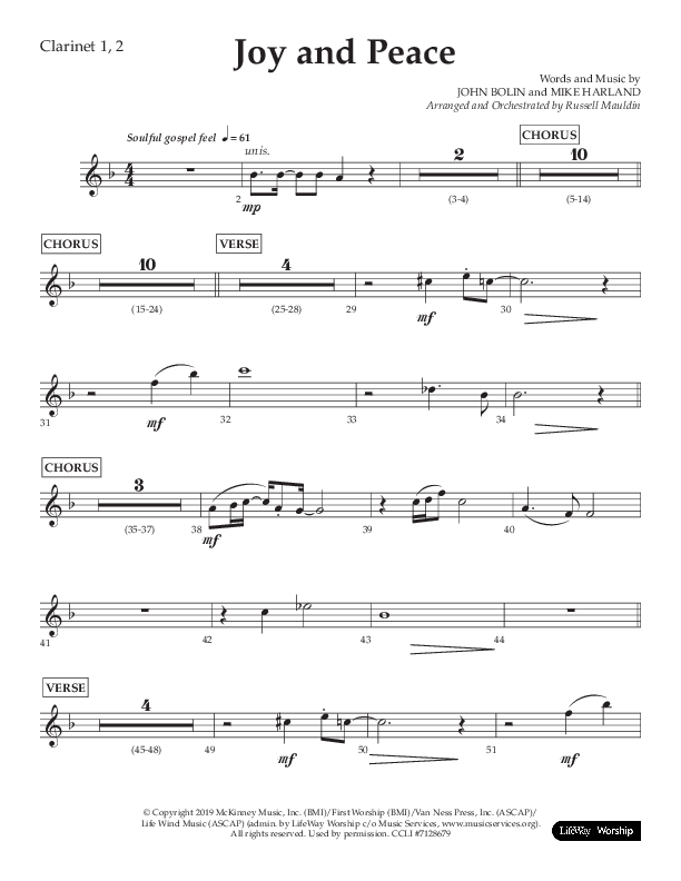 Joy And Peace (Choral Anthem SATB) Clarinet 1/2 (Lifeway Choral / Arr. Russell Mauldin)