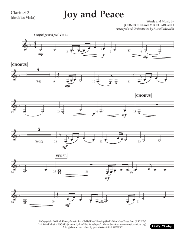 Joy And Peace (Choral Anthem SATB) Clarinet 3 (Lifeway Choral / Arr. Russell Mauldin)