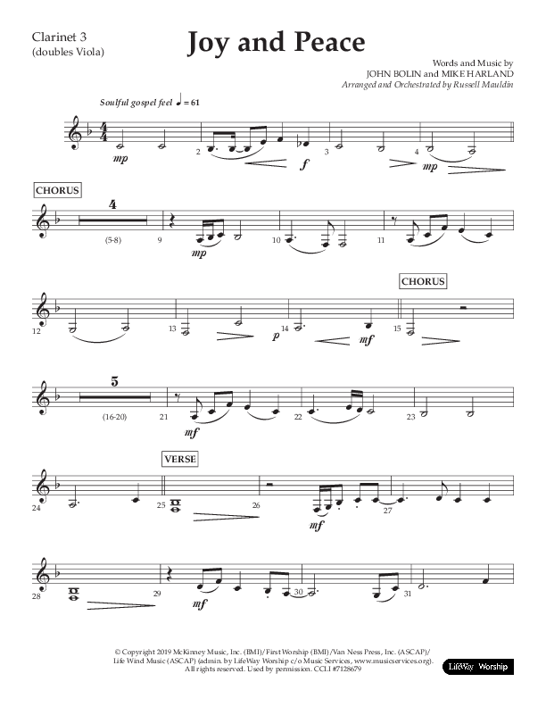 Joy And Peace (Choral Anthem SATB) Clarinet 3 (Lifeway Choral / Arr. Russell Mauldin)