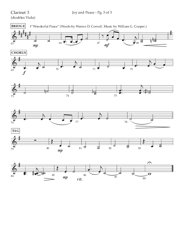 Joy And Peace (Choral Anthem SATB) Clarinet 3 (Lifeway Choral / Arr. Russell Mauldin)