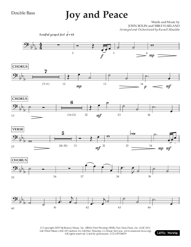 Joy And Peace (Choral Anthem SATB) Double Bass (Lifeway Choral / Arr. Russell Mauldin)